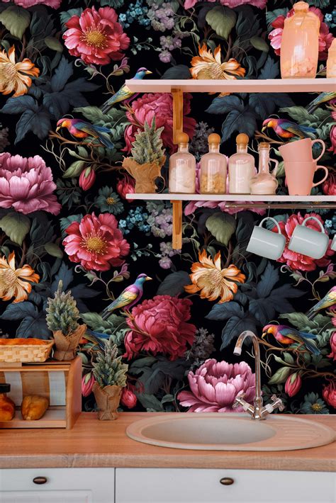 Vintage Dark Floral Peel and Stick Wallpaper Elegant Home Wall Print - Etsy