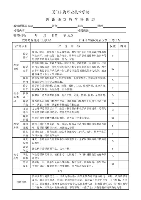 理论课堂教学评价表 2021版 教学质量管理办公室 厦门东海职业技术学院