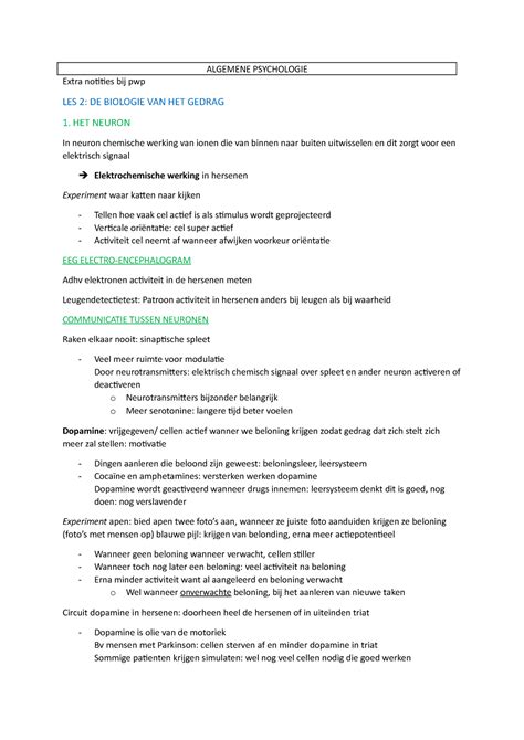 Algemene Psychologie NOTITIES ALGEMENE PSYCHOLOGIE Extra Notities