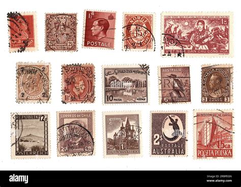 Brown Vintage Postage Stamps From Around The World On A White