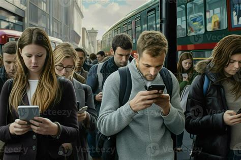 Group Of Young People Using Their Smartphones In The Street Urban