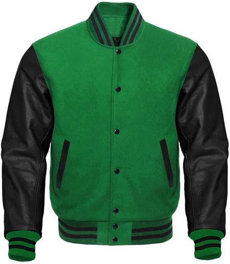 Fashion First Men S Green Varsity Letterman College Baseball Jackets Fleece Bodice And Faux Pu