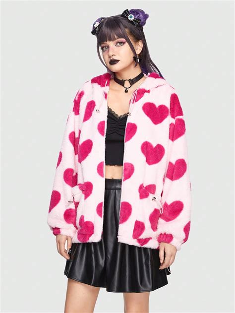 ROMWE Kawaii Abrigo con estampado de corazón de hombros caídos de