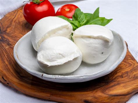 White Balls Of Italian Soft Cheese Mozzarella Di Bufala Campana Served