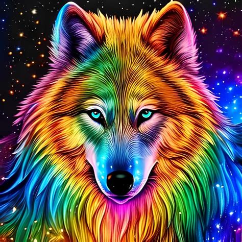 Premium Photo | A rainbow wolf with a black background and a blue eyes.