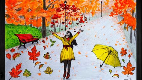 AUTUMN Season Scenery Drawing, Step by step - YouTube