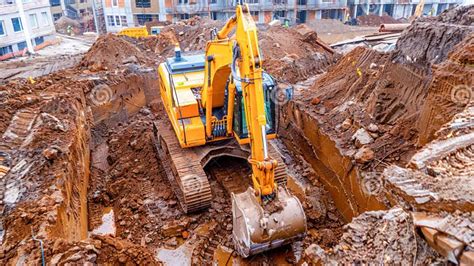 Excavator Digging Foundation For New Construction Project Building