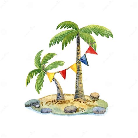 Sea Island With Palm Trees And Coconuts Decorated With Flags Stock