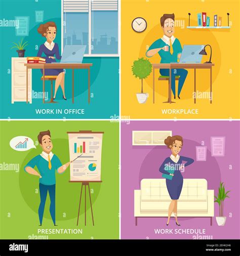 Office Staff Work Place 4 Retro Icons Square With Retro Cartoon