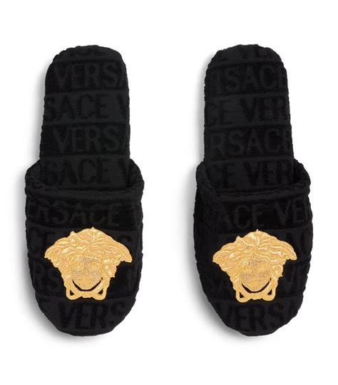 Mens Versace Black Embroidered Medusa Slippers Harrods Uk