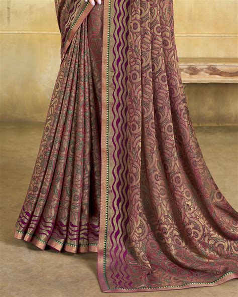 Vishal Prints Wine Brasso Saree With Zari Piping