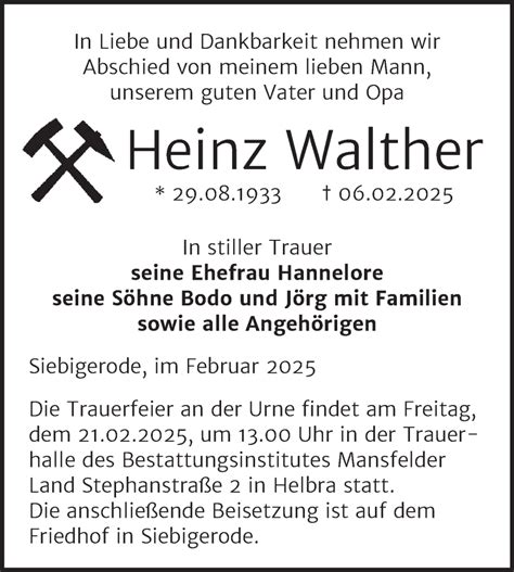 Traueranzeigen Von Heinz Walther Abschied Nehmen De