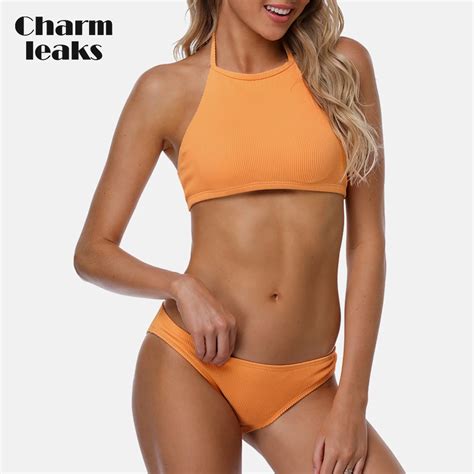 Charmleaks Women Bikini Set Collar Halter Swimwear Solid Color Swimsuit