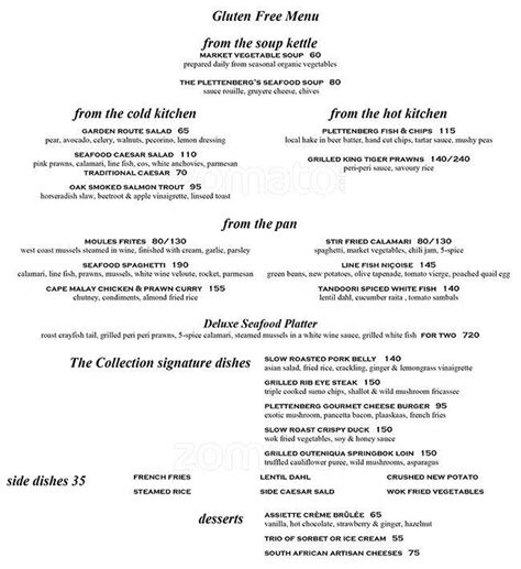 Menu at The Plettenberg restaurant, Plettenberg Bay