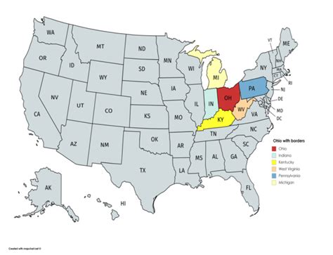 Ohio with bordering states on the map of the 50 U.S. states - The Fact File