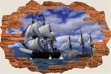 3d Hole In Wall Pirate Ship Schooner View Wall Decal Sticker Frame