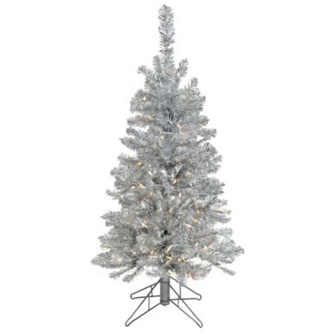 Good Tidings Artificial Silver Tinsel Pre Lit Christmas Tree W Stand