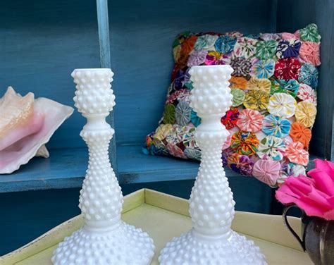 Pair Of Hobnail Milk Glass Candlesticks Vintage Fenton Hobnail White Milk Glass Candlesticks