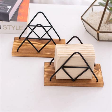 Nordic Triangle Paper Towel Holder Metal Steel Rim Wood Upright Napkin