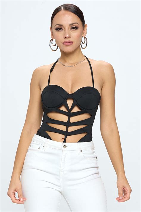 Cut Out Caged Front Halter Neck Bodysuit Ohyes Fashion