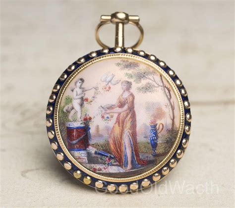 Painted Enamel Solid 18k Gold Verge Fusee Antique Pocket Watch Fine