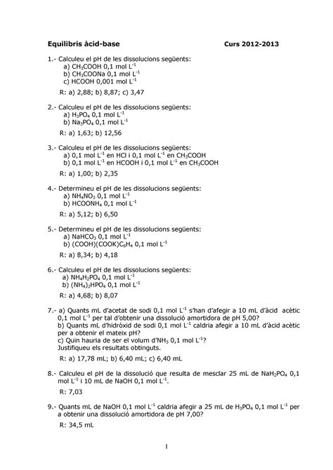 Problemes d àcid base per a química analítica Equilibris àcid base