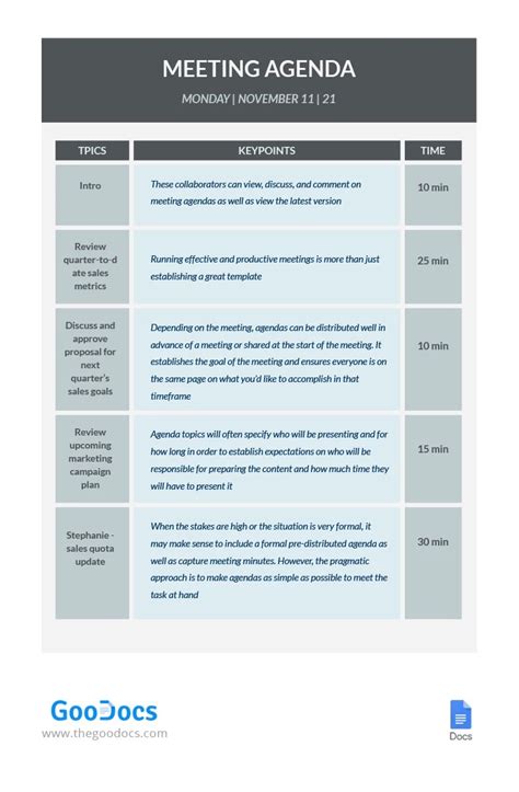 Free White Simple Sales Meeting Agenda Template in Google Docs and Microsoft Word | thegoodocs.com