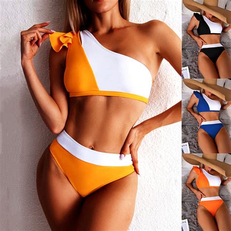 Pcs Set Bikini Set Bikini Swimsuit Contrast Color One Shoulder