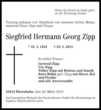 Traueranzeigen Von Siegfried Hermann Georg Zipp Rz Trauer De