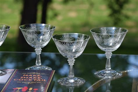 5 Vintage Etched Cocktail Glasses Fostoria Lido 1940 S Craft Cocktail Glasses Etched Martini