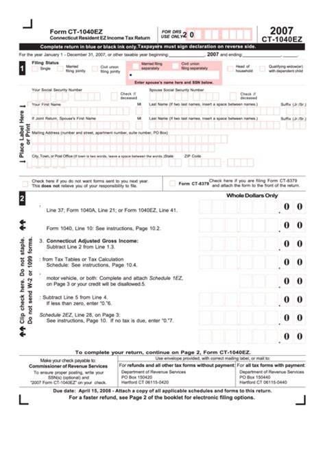 Form Ct 1040ez Connecticut Resident Ez Income Tax Return 2007 Printable Pdf Download