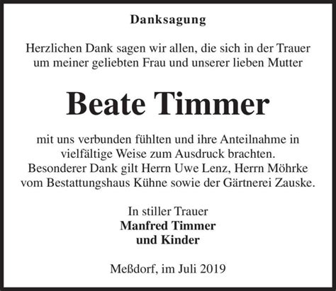 Traueranzeigen Von Beate Timmer Abschied Nehmen De