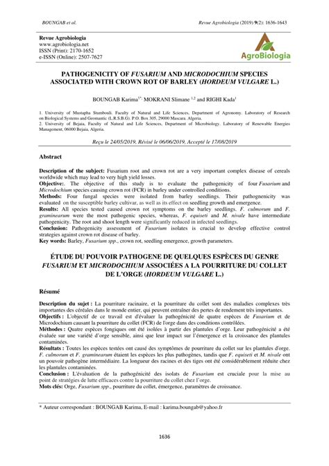 Pdf Pathogenicity Of Fusarium And Microdochium Species Associated