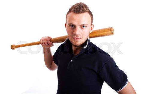 Angry Man Hand Holding Baseball Bat Isolated On White Stock Image