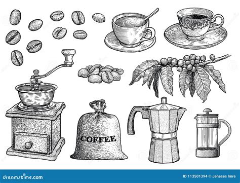 Coffee Set Illustration Drawing Engraving Ink Line Art Vector