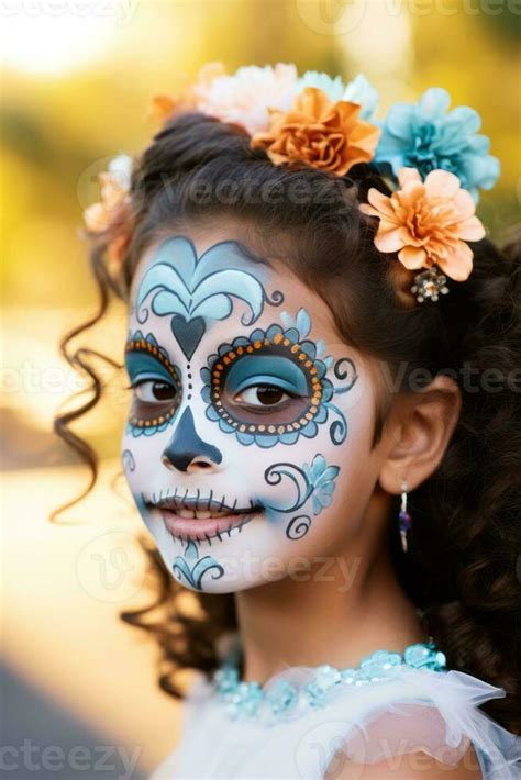 kid in Day of the Dead makeup with playful emotional dynamic pose AI Generative 28923217 Stock ...