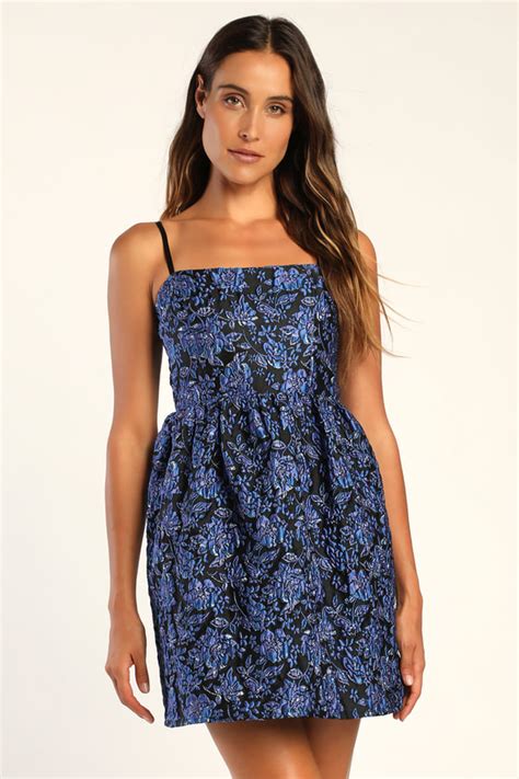 Black And Blue Dress Floral Jacquard Dress Mini Skater Dress Lulus