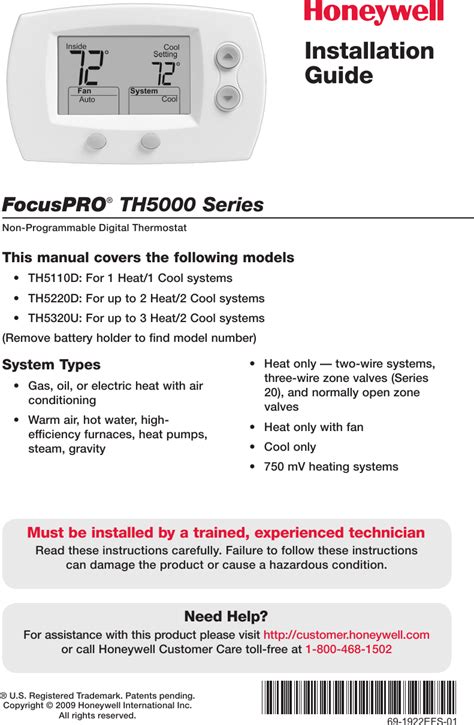 Honeywell Focuspro Th5000 Series Installation Manual 69 1922EFS 01