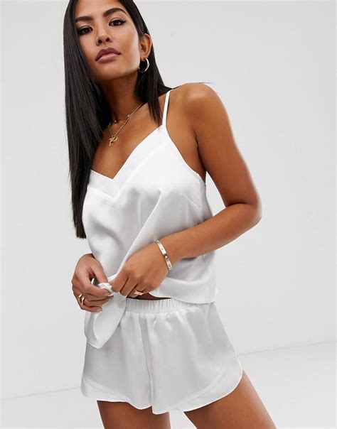 Contrast Satin Pyjama Cami And Short Set White Asos Dresses