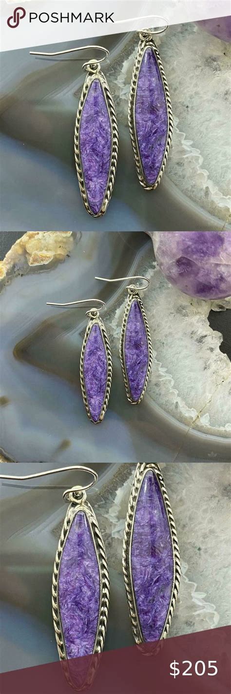 Native American Sterling Silver Marquise Charoite Dangle Earrings For