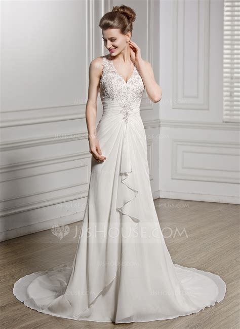 A Line Princess V Neck Chapel Train Chiffon Wedding Dress With Beading