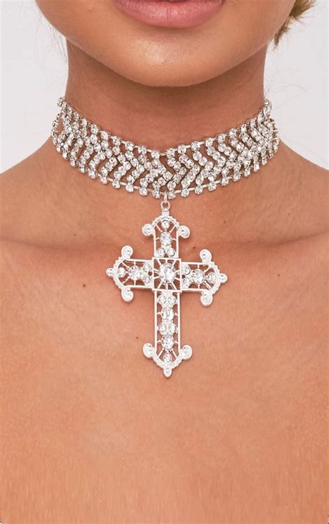 Ena Silver Diamante Detail Cross Choker Cross Choker Chokers Silver Choker