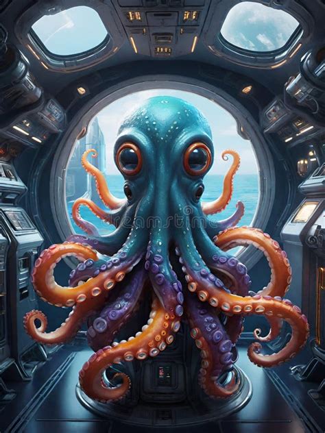 Alien Octopus Inside A Spaceship Generative Ai Illustration Science Fiction Scenery Stock