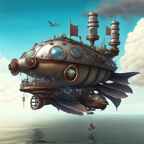 Incroyable Ballon Steampunk Majeur Flottant Au Dessus De La Surface De