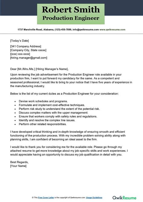 Production Engineer Cover Letter Examples Qwikresume