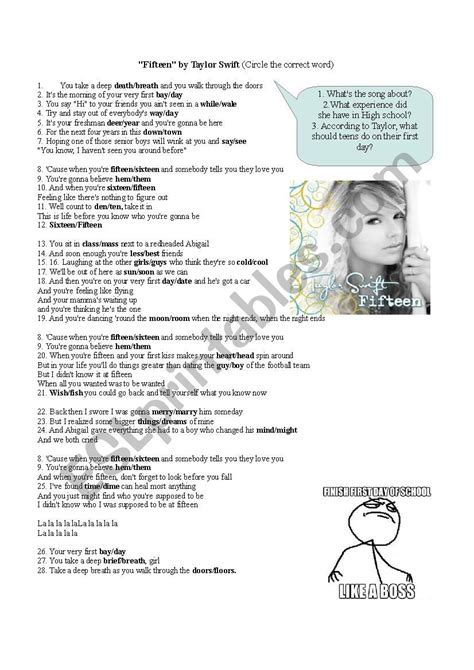 Fifteen Taylor Swift - ESL worksheet by natilu