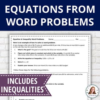 Writing Two Step Equations And Inequalities From Word Problems Worksheet