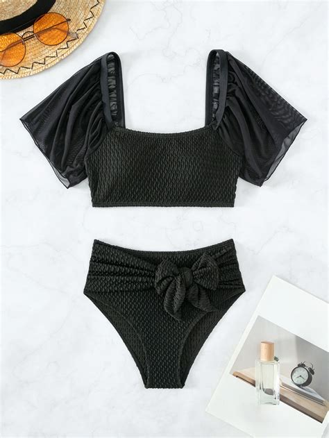 Knot Front High Waisted Bikini Swimsuit Shein Usa