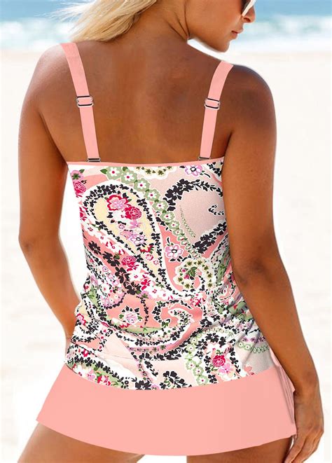 Drawstring Mid Waisted Paisley Print Pink Tankini Set Modlily