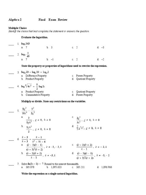 Algebra 2 Final Exam Review Pdf Logarithm Exponential Function